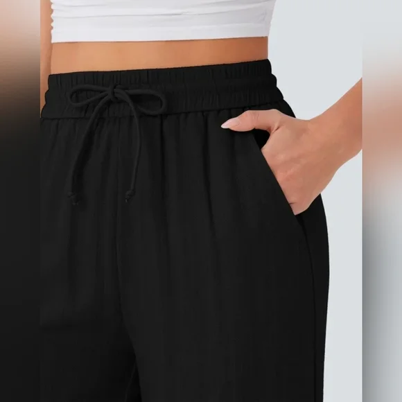 Halara High Waisted Drawstring Wide Leg Casual Linen-Feel Pants "L" - Picture 5 of 10